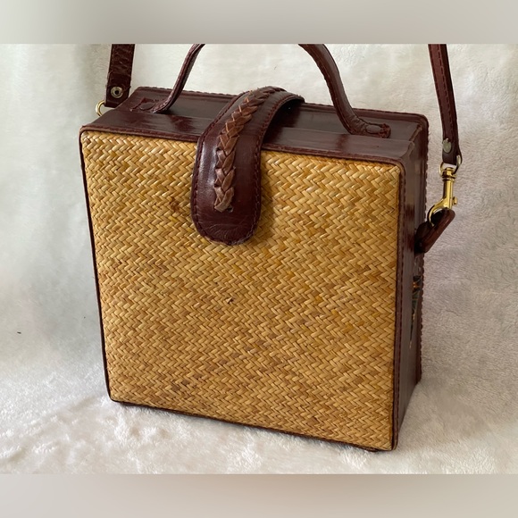 Vintage Handbags - Vintage 70’s leather and bamboo rattan square purse Crossbody adjustable